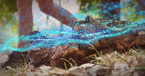 Blue particles sweeping highlighting man stepping onto log pressing axe to split Stock Footage 312239860