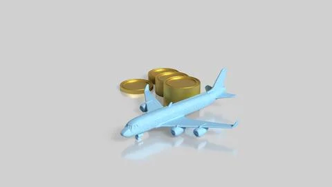 Blue Passenger Airplane With Gold Coins Travel Finance Concept 3d render. Stock Illustration