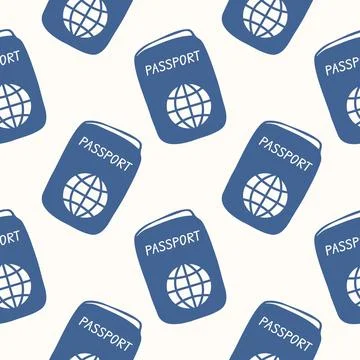 Blue passport doodle pattern with globe symbol. Travel document for Illustrazione stock