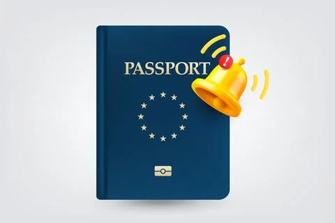 Blue passport with ringing bell. Vector 3d illustration Stock Illustration