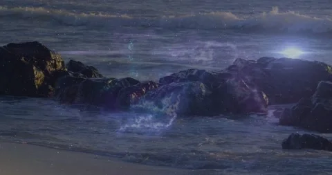 Blue patch appearing in surf, nebula haze spreading over rocks, horizon Vídeos de archivo 332281955