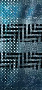 Blue patchwork design featuring white stars and black houndstooth pattern. Ilustración de archivo