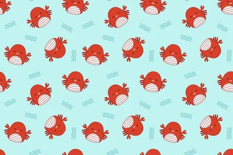Blue pattern with cute crabs. Squishmallow. Background with crabs. Kawaii Stock-Illustration