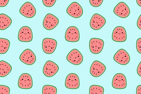 Blue pattern with cute watermelons. Squishmallow. Watermelon. Kawaii, Vector Stock Illustration