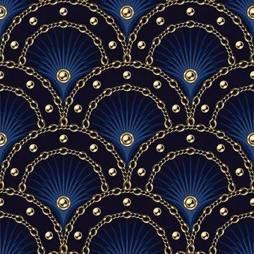 Blue pattern with fan shaped grid, gold chains Illustrazione stock