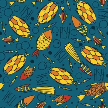 Blue pattern with fishes in a chaotic manner Stock Illustration