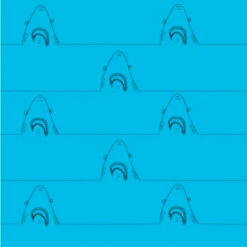Blue pattern with hand drawn funny contoured shark. Vector illustration. Illustrazione stock