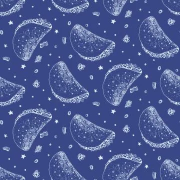 Blue pattern with outline cute sketch mexican taco Stock Illustration