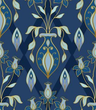 Blue pattern with vases and flowers. Stock Illustration