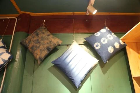 Blue patterned pillows hanging on a green interior wall 스톡 사진