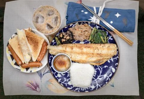 A blue patterned plate holds a grilled fish fillet, white rice, grated radi.. Stock Photos