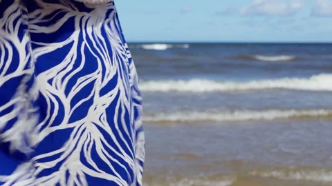 Blue patterned summer dress fluttering in sea breeze on Baltic shore in Latvia Stock Footage 344355266