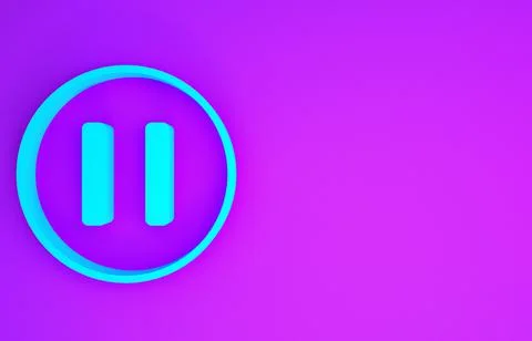 Blue Pause button icon isolated on purple background. Minimalism concept. 3d  Stock Illustration