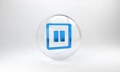 Blue Pause button icon isolated on grey background. Glass circle button. 3D r Stock Illustration