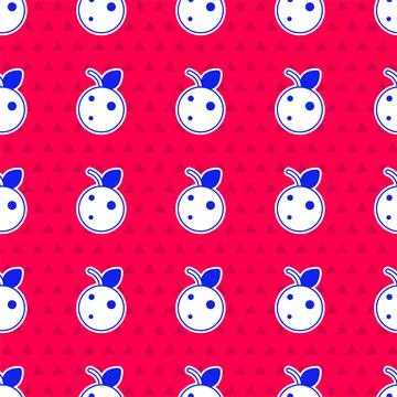 Blue Peach fruit or nectarine with leaf icon isolated seamless pattern on red Stock Illustration