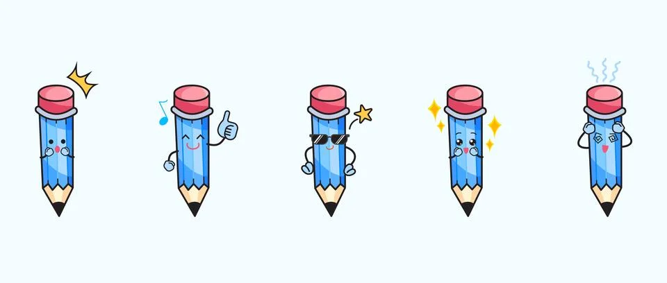 Blue pencil character set bundle Stock Illustration