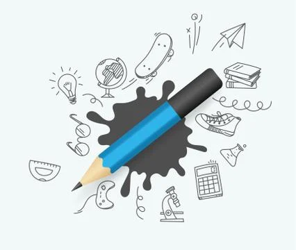 Blue pencil with doodling elements vector illustration 스톡 일러스트