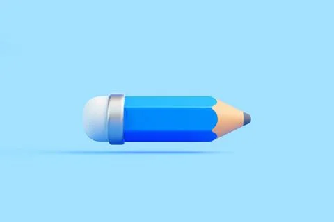 Blue pencil with eraser floating on light blue background, minimal design Stock Illustration