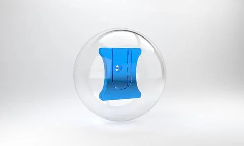 Blue Pencil sharpener icon isolated on grey background. Glass circle button.  Illustrazione stock