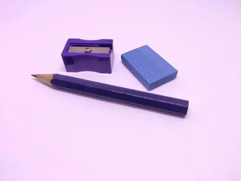Blue pencil with sharpner and eraser isolated in white background Stock Photos