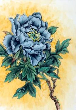 Blue peony with dew drops Stock Illustration
