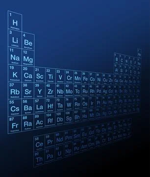 Blue periodic table of elements, three dimensional side view Stock Illustration