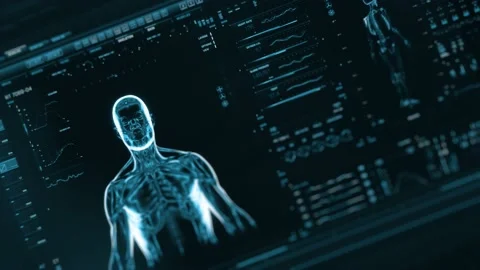 Blue perspective futuristic Interface showing analysis of human male anatomy Stock Footage 146552975