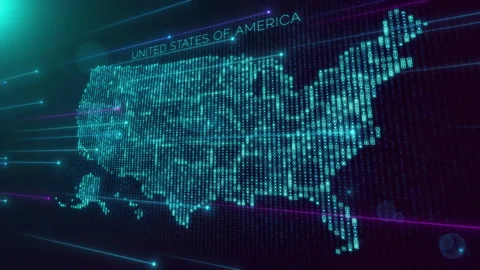 Blue Perspective Square Hud Mosaic Grid And Text Of Faint Administrative USA Map Video stock 275890644
