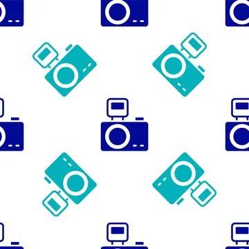 Blue Photo camera with lighting flash icon isolated seamless pattern on white Stockillustratie