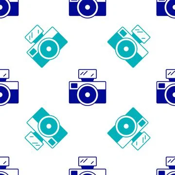 Blue Photo camera with lighting flash icon isolated seamless pattern on white Stock Illustration