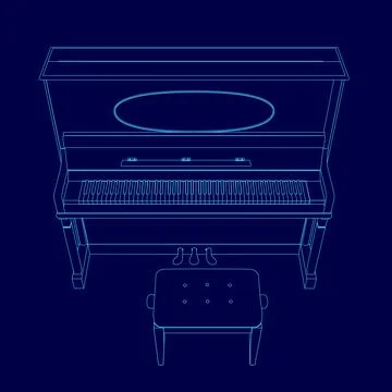 Blue piano with a stool in front of it. The piano is a stylized drawing of a Stock Illustration