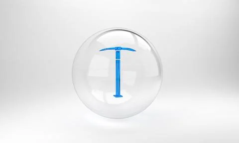 Blue Pickaxe icon isolated on grey background. Glass circle button. 3D render Stock Illustration