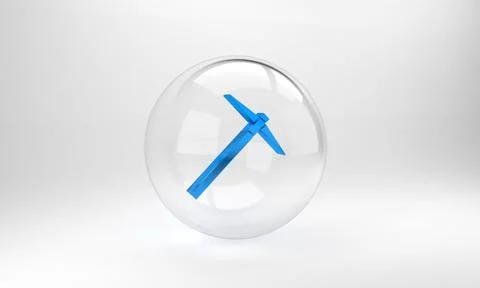 Blue Pickaxe icon isolated on grey background. Glass circle button. 3D render Stock Illustration