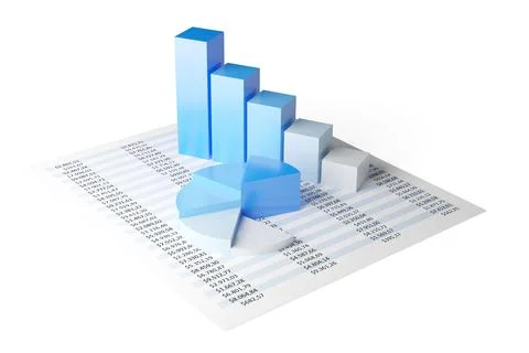 Blue pie chart and bar graph business diagrams on numbers spreadsheet over wh Stock Illustration