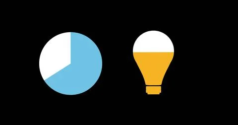 Blue pie chart and yellow light bulb icon on black background, symbolizing ideas 스톡 일러스트