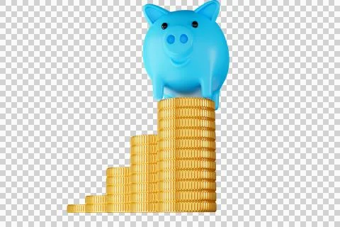 Blue pig and Gold stack coins transparency 3D rendering illustration Stock Illustration