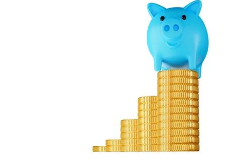 Blue pig and Gold stack coins 3D rendering illustration copy space for text Stock Illustration