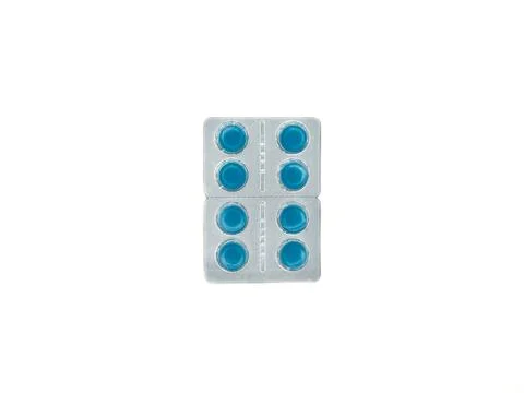 A blue pill is on a white background. There are six pills in total. The pill is Stock Photos