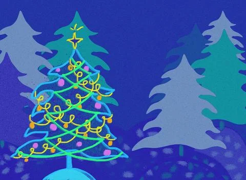 Blue pine trees in winter forest Christmas tree Happy New Year festive card Stock Illustration