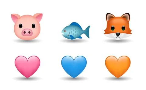 Blue, pink and orange heart, fox, blue fish, pig vector emoji illustration Stock Illustration
