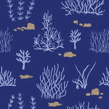 Blue, pink corals on a blue background. Vector seamless pattern with tropical Stock Illustration
