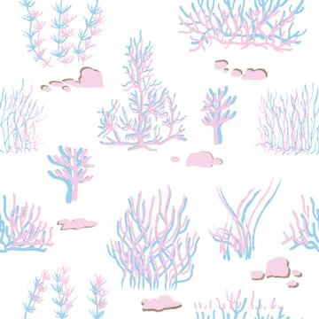 Blue, pink corals on a white background. Vector seamless pattern with tropical Stock Illustration