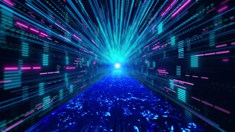 Blue pink cyber speed corridor rapid light trails, digital wall patterns, and br Stock Footage 340566685