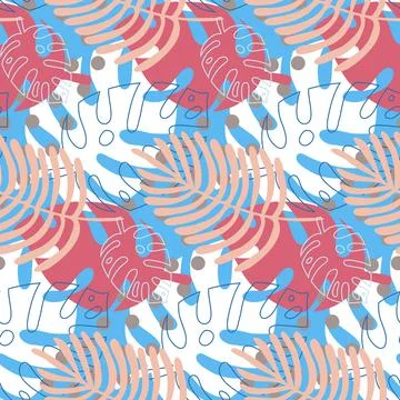 Blue pink white seamless pattern tropical print, monstera palm leaf tropical  Stockillustratie