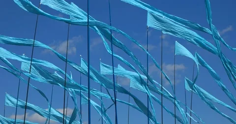 Blue pinwheels flags - a kite flying in the sky in the wind Stock Footage 66781684