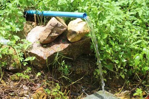 A blue pipe is connected to a water source Stock Photos