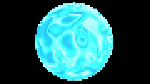 Blue pixel art planet. Retro space game style animation Stock Footage 344422623