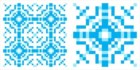 Blue pixel art snowflake seamless pattern with a geometric cross stitch loo.. 스톡 일러스트
