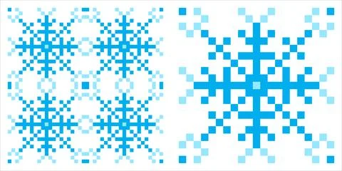 Blue pixel art snowflake seamless pattern with a crisp symmetrical design, .. Stock Illustration
