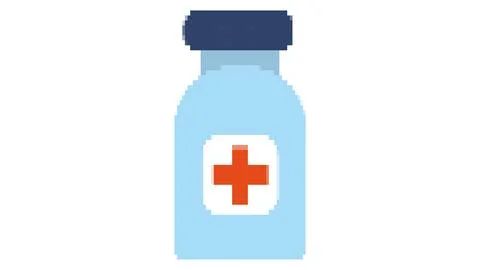 Blue pixel bottle with red cross, first aid bottle for game interface Stock Illustration
